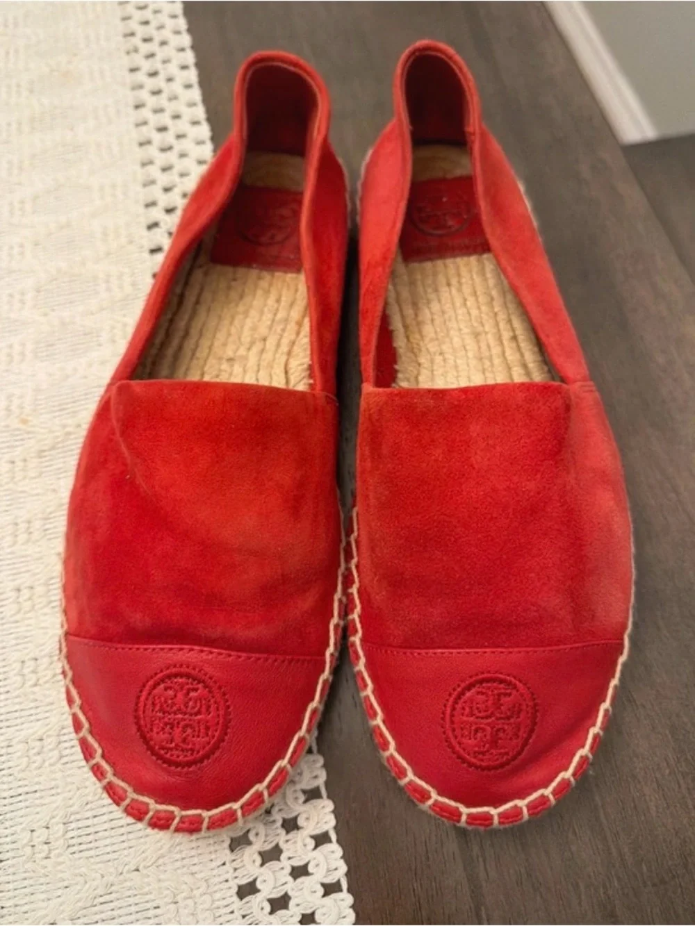 Tory Burch Red Suede Espadrille Slip-Ons with Logo Cap Size 8